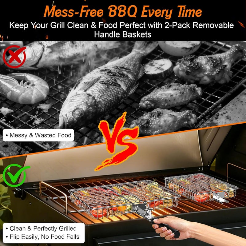 OUBRTS Grill Baskets for Outdoor Grill, 2PCS BBQ Grilling Basket with Removable Wooden Handle, Stainless Steel Camping Cooking Grill Accessories for Meat Fish Vegetable Seafood, Gifts for Men Dad Husband - Image 3